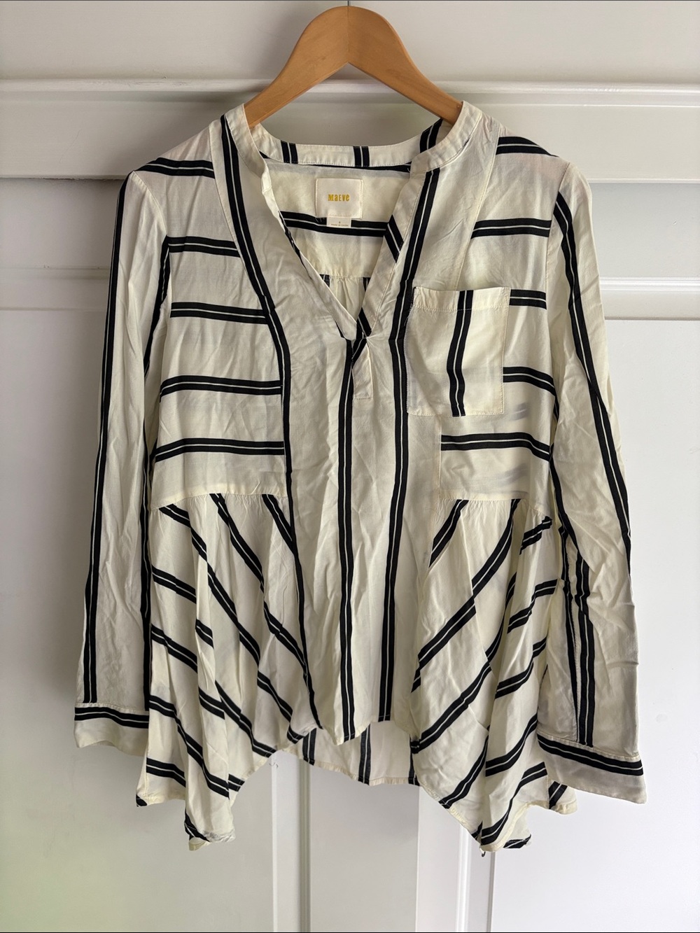 Anthropologie White Blouse with Black Stripes - Relaxed V-Neck Top